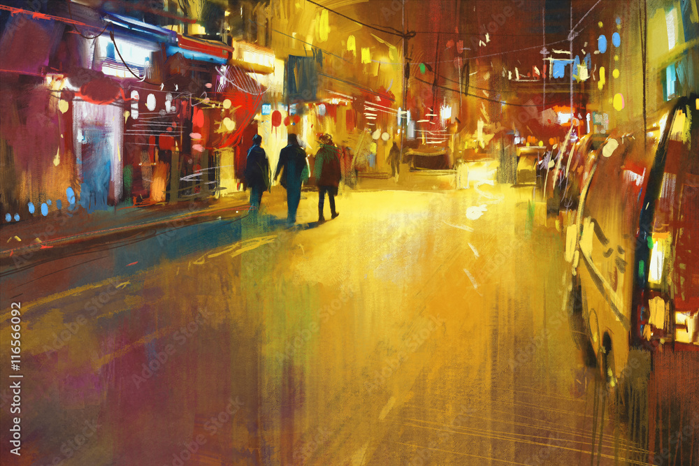 Fototapeta premium colorful city street at night,illustration,digital painting
