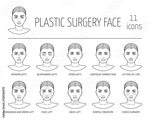 Set of line plastic surgery face icons. Flat design. Vector