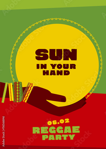 sun disk and tribal human hand with bracelets. reggae folk music