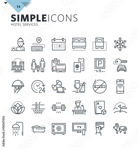 Modern thin line icons of hotel services and booking. Premium quality outline symbol collection for web and graphic design, mobile app. Mono linear pictograms, infographics and web elements pack.