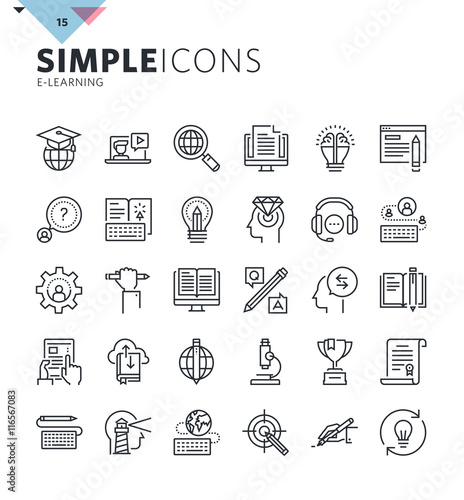 Modern thin line icons of online education and e-learning. Premium quality outline symbol collection for web and graphic design, mobile app. Mono linear pictograms, infographics and web elements pack.