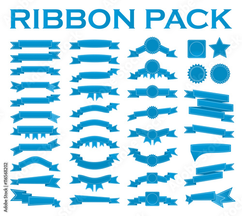 Big set of embroidered blue ribbons and stumps isolated on white. Can be used for banner, award, sale, icon, logo, label etc. Vector illustration