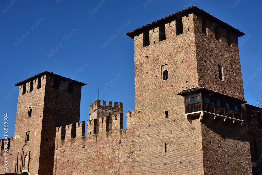 Castelvecchio (Old Castle) huge medieval towers with characteristic ghibelline battlement, on of the most famous landmark in Verona