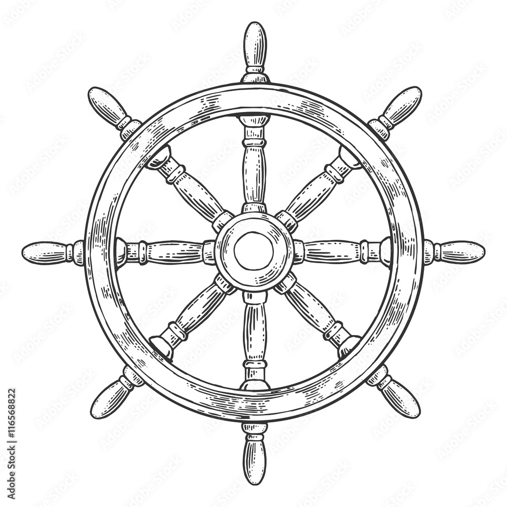Obraz premium Ship wheel isolated on white background. Vector vintage engraving illustration with title MARINE.