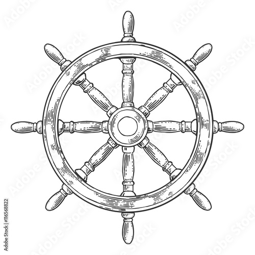 Ship wheel isolated on white background. Vector vintage engraving illustration with title MARINE.