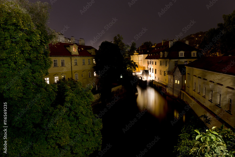 Night romantic Prague Mill above Certovka, Czech republic