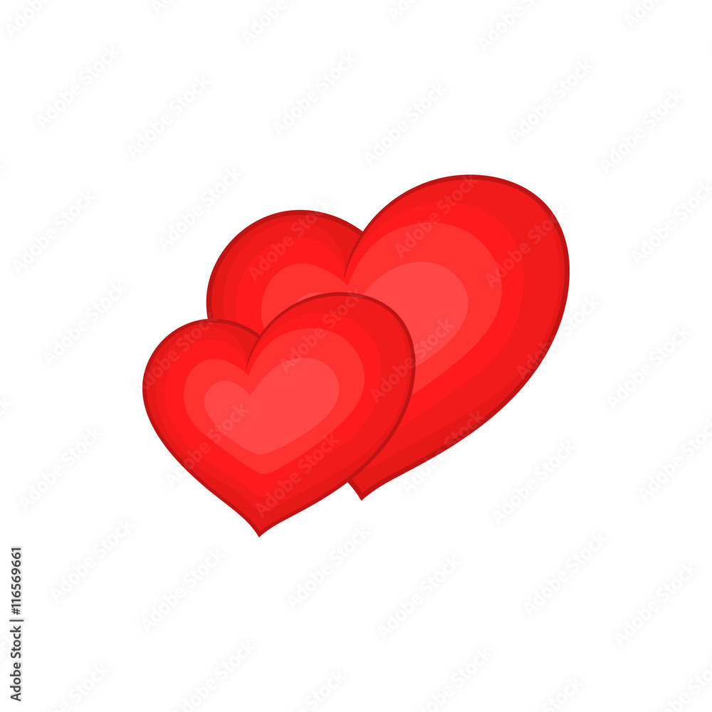 Two red hearts icon in cartoon style isolated on white background. Love symbol Two red hearts icon in cartoon style isolated on white background. Love symbol