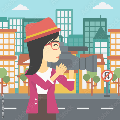 Camerawoman with video camera vector illustration.