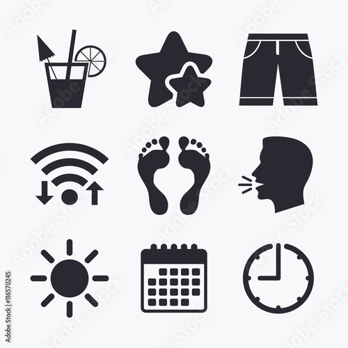 Beach holidays icons. Cocktail, human footprints