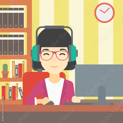 Woman playing computer game vector illustration.