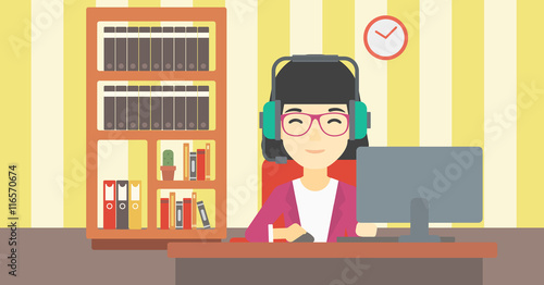 Woman playing computer game vector illustration.