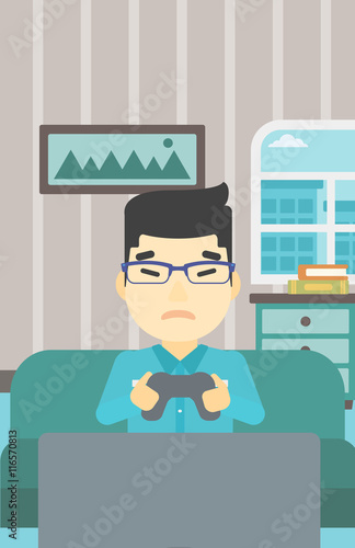 Man playing video game vector illustration.