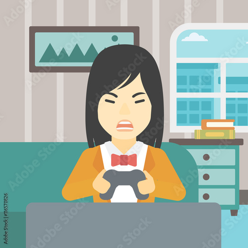 Woman playing video game vector illustration.