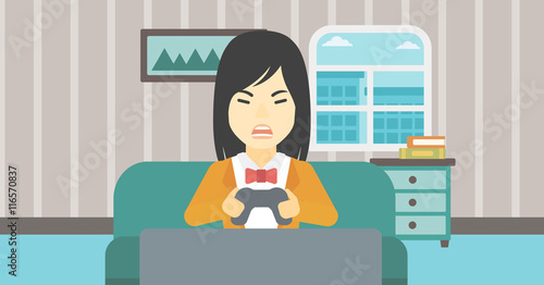 Woman playing video game vector illustration.