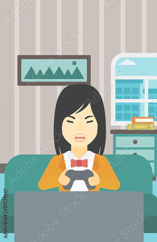 Woman playing video game vector illustration.