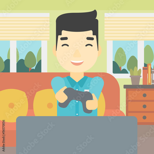 Man playing video game vector illustration.