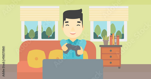 Man playing video game vector illustration.