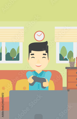 Man playing video game vector illustration.