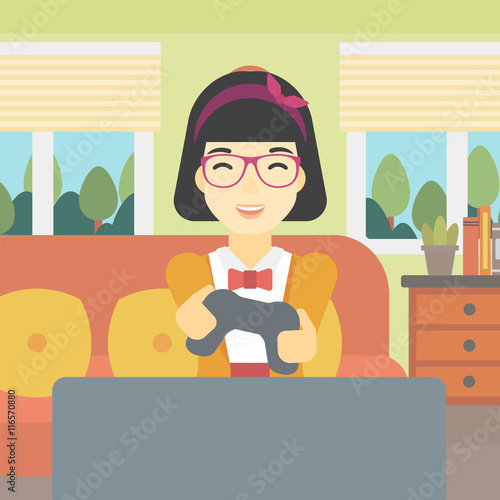 Woman playing video game vector illustration.