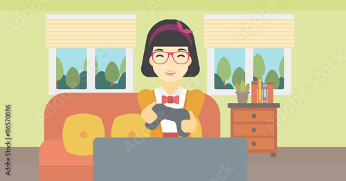Woman playing video game vector illustration.