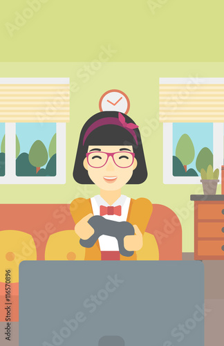 Woman playing video game vector illustration.