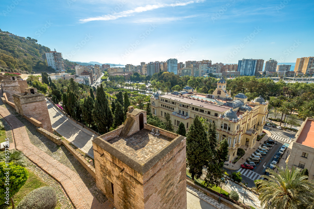 Aerial view at Alcazaba in Malaga, the best preserved Moorish fortress palace in Andalusia, Spain.