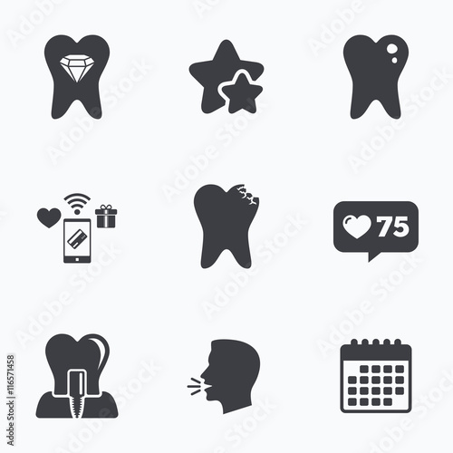 Dental care icons. Caries tooth and implant.