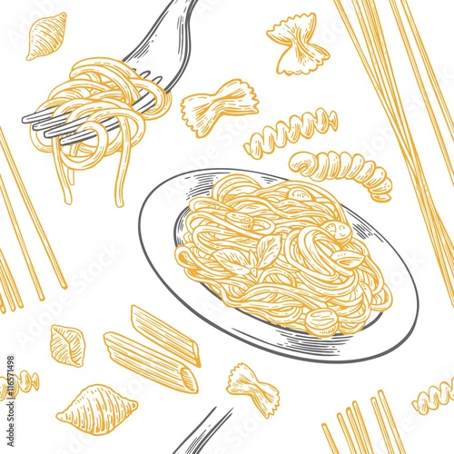 Seamless pattern set pasta. Farfalle, conchiglie, penne, fusilli and spaghetti on fork.
