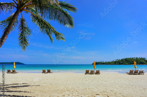 Sandy tropical beach with deck chairs