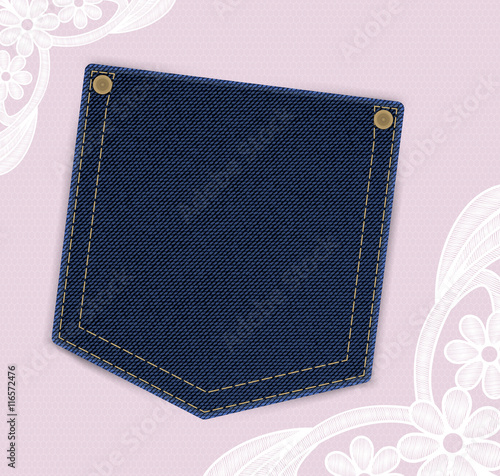 Denim jeans pocket with price or invitation label on the lace background. Vector illustration, EPS10