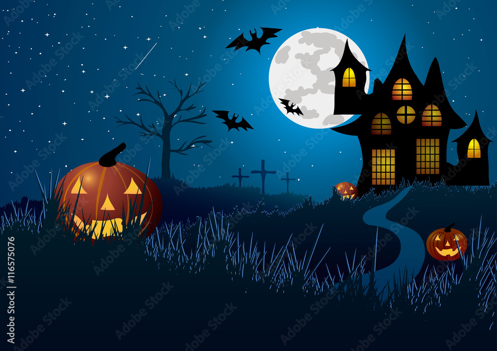 Vector illustration. Halloween. The road to the house on the hill, among the pumpkins and cemetery.