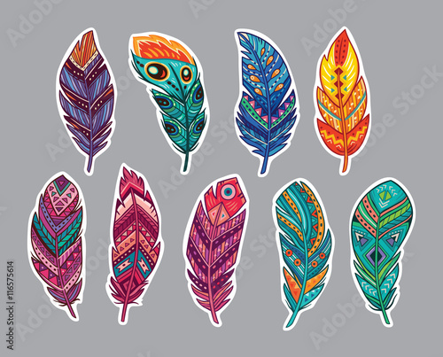 Sticker set of feathers in ethnic style