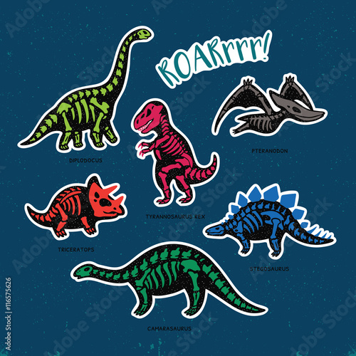 Sticker set of dinosaur skeletons in cartoon style