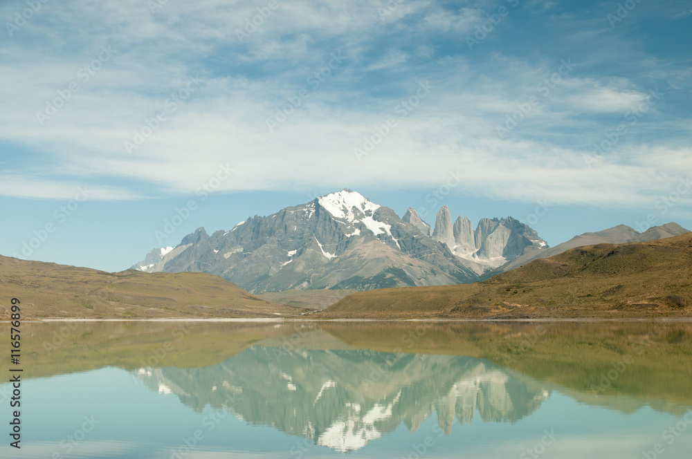 Reflection on the lake of Torres del Paine national park at South America, Chile