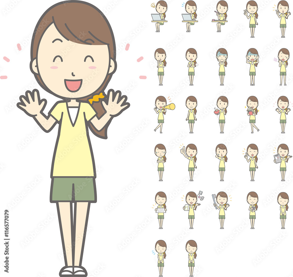 半袖半ズボンを着た女性vol 2 Pc メガホン おじぎなど 様々な表情やポーズのイラストをセット Stock Vector Adobe Stock