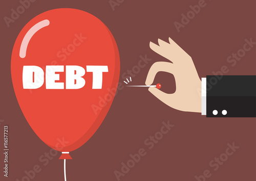 Hand pushing needle to pop the debt balloon