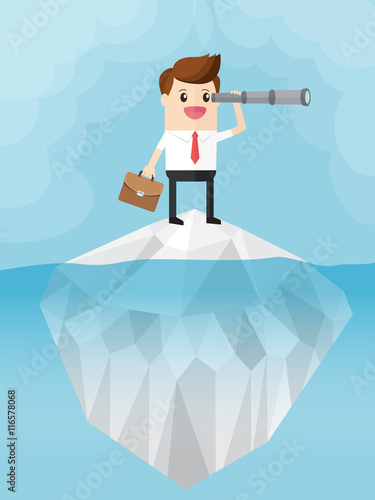 businessman standing on top of the iceberg and looking through telescope finding opportunities