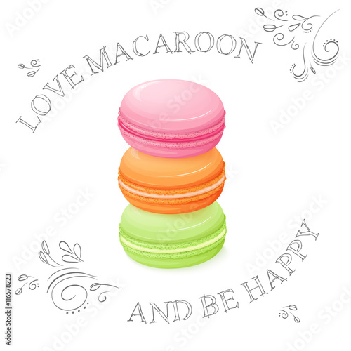 vector illustration of three realistic isolated sweet macaroon - with hand drawn curly leaves and branches