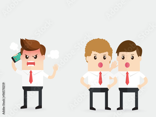 business people gossiping behind stressed businessman who shouting on a phone