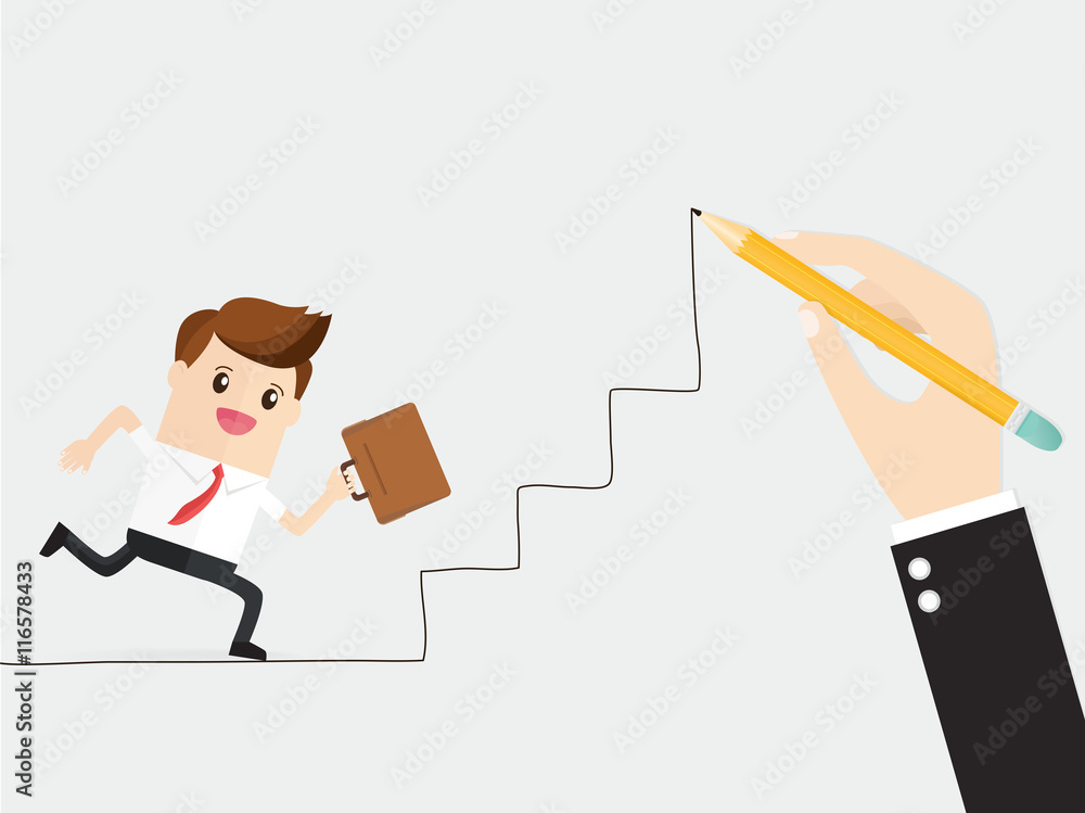 hand of boss holding a pencil and draw path with staircase for successful business man