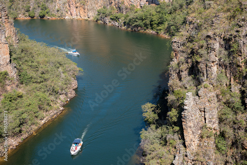 Two tourism boats in Furnas' lake, canyons of Furnas, Minas Gerais, Brazil