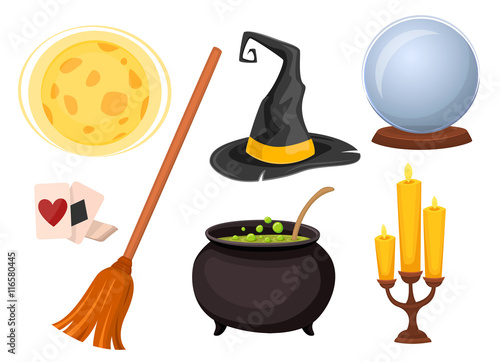 Set of icons for divination and magic tricks. Wizard hat, broom ball for divination and other icons. Cartoon style. Vector illustration.