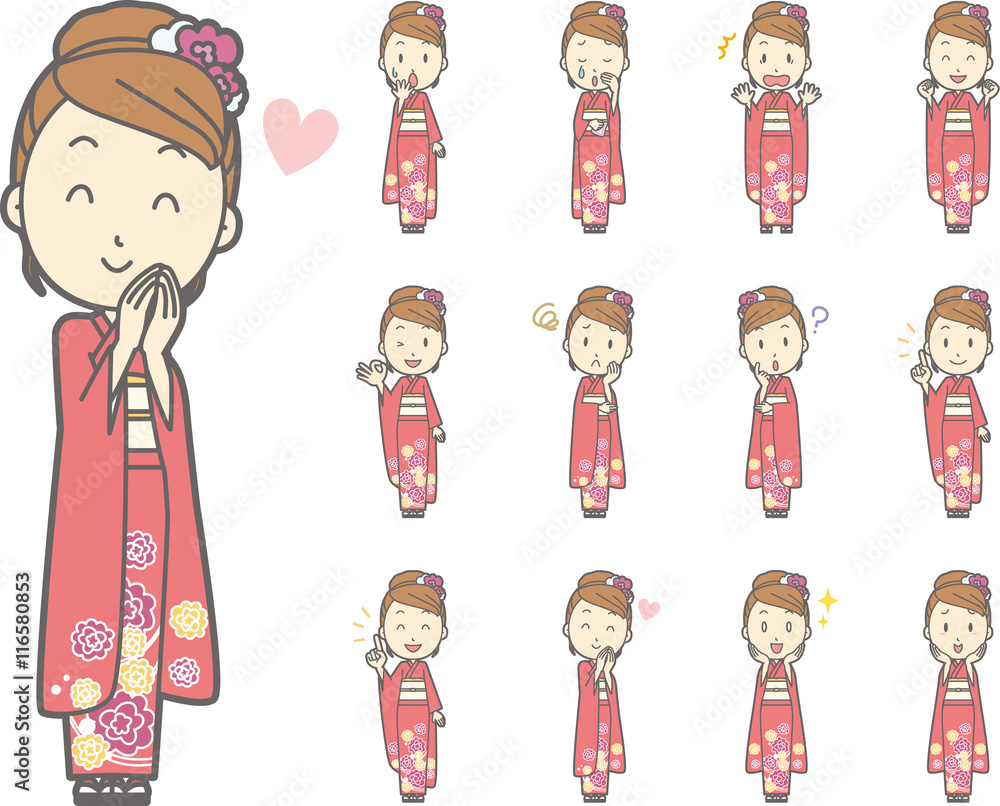 振袖を着た女性vol 2 様々な表情やポーズのイラストをセット Stock Vector Adobe Stock