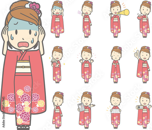振袖を着た女性vol 4 様々な表情やポーズのイラストをセット Stock Vector Adobe Stock