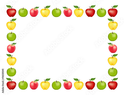 Apple frame place mat with red and golden Delicious, green Granny Smith and Pink apple fruits, white background with copy space. 