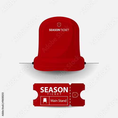 Football or soccer chair icon. Red plastic seat on sport stadium in flat design. Football ticket card template design. Sport event. Vector Illustration