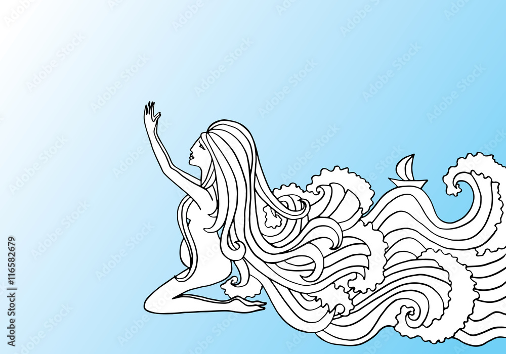 Obraz premium Black and white doodle illustration on blue gradient background. Pregnant woman praying.