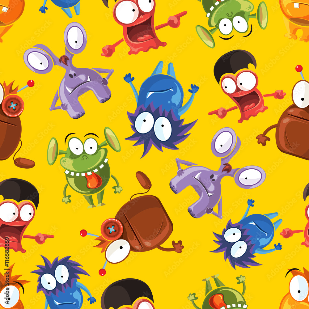 Fototapeta premium Vector seamless pattern with cute monsters. Funny monster characters on yellow background