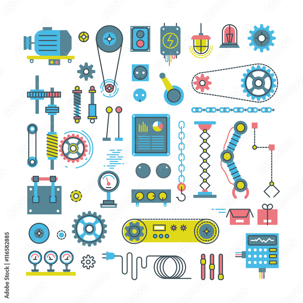 Vector parts of mechanism and robots flat icons. Illustration mechanical  part and gear of parts for equipment machine Stock Vector | Adobe Stock