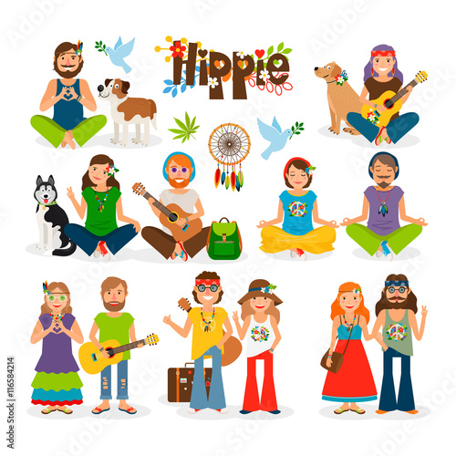 Hippie vector illustration. Barefoot man with flowers and dog and hippie girl